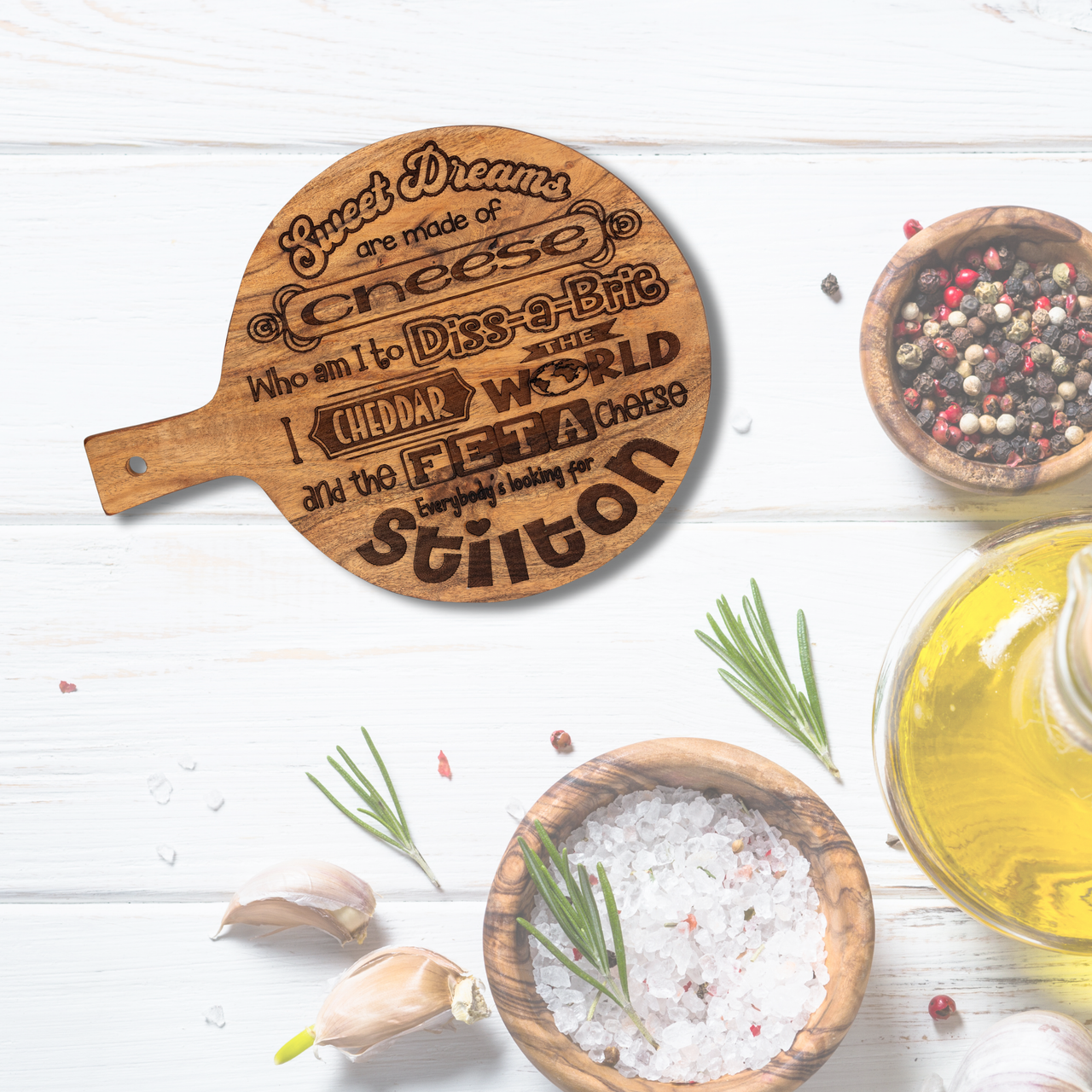 Round Paddle Wooden Board with a handle - Sweet dreams are made of cheese - Unicorn Fart Productions