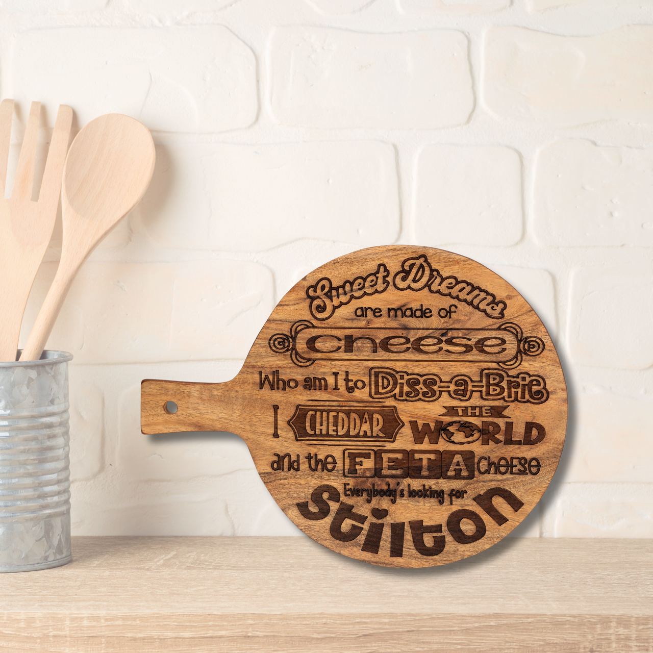 Round Paddle Wooden Board with a handle - Sweet dreams are made of cheese - Unicorn Fart Productions