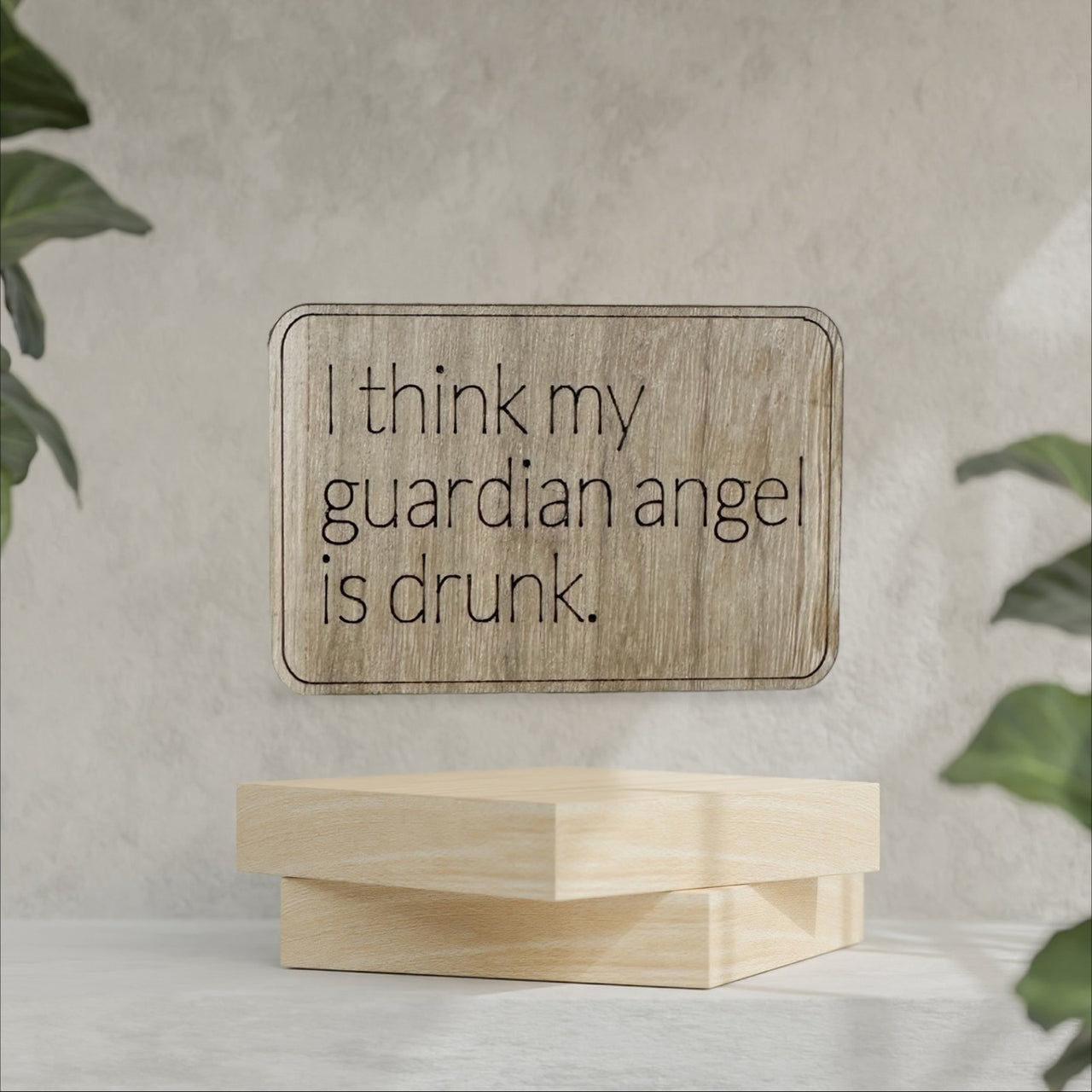 Wooden Sarcastic Fridge Magnet - Drunk guardian angel - Unicorn Fart Productions