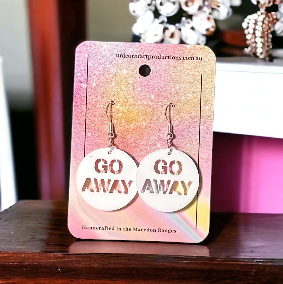 Acrylic handmade earrings  -  Go Away - White - Unicorn Fart Productions