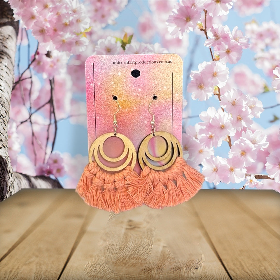 Handmade Wooden Macramé Earrings - Circles - Pale Pink - Unicorn Fart Productions