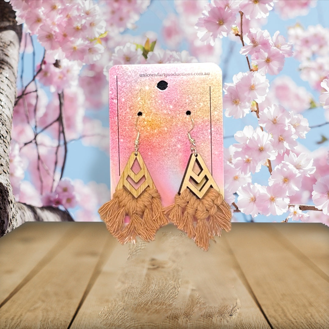 Handmade Wooden Macramé Earrings - Diamond - Tan - Unicorn Fart Productions