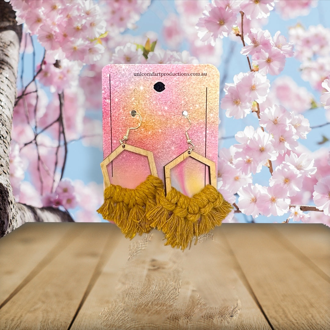 Handmade Wooden Macramé Earrings - Hexagon - Mustard - Unicorn Fart Productions