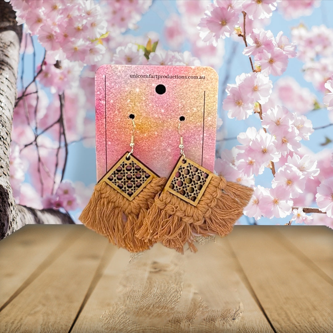 Handmade Wooden Macramé Earrings - Square Lattice - Mustard - Unicorn Fart Productions
