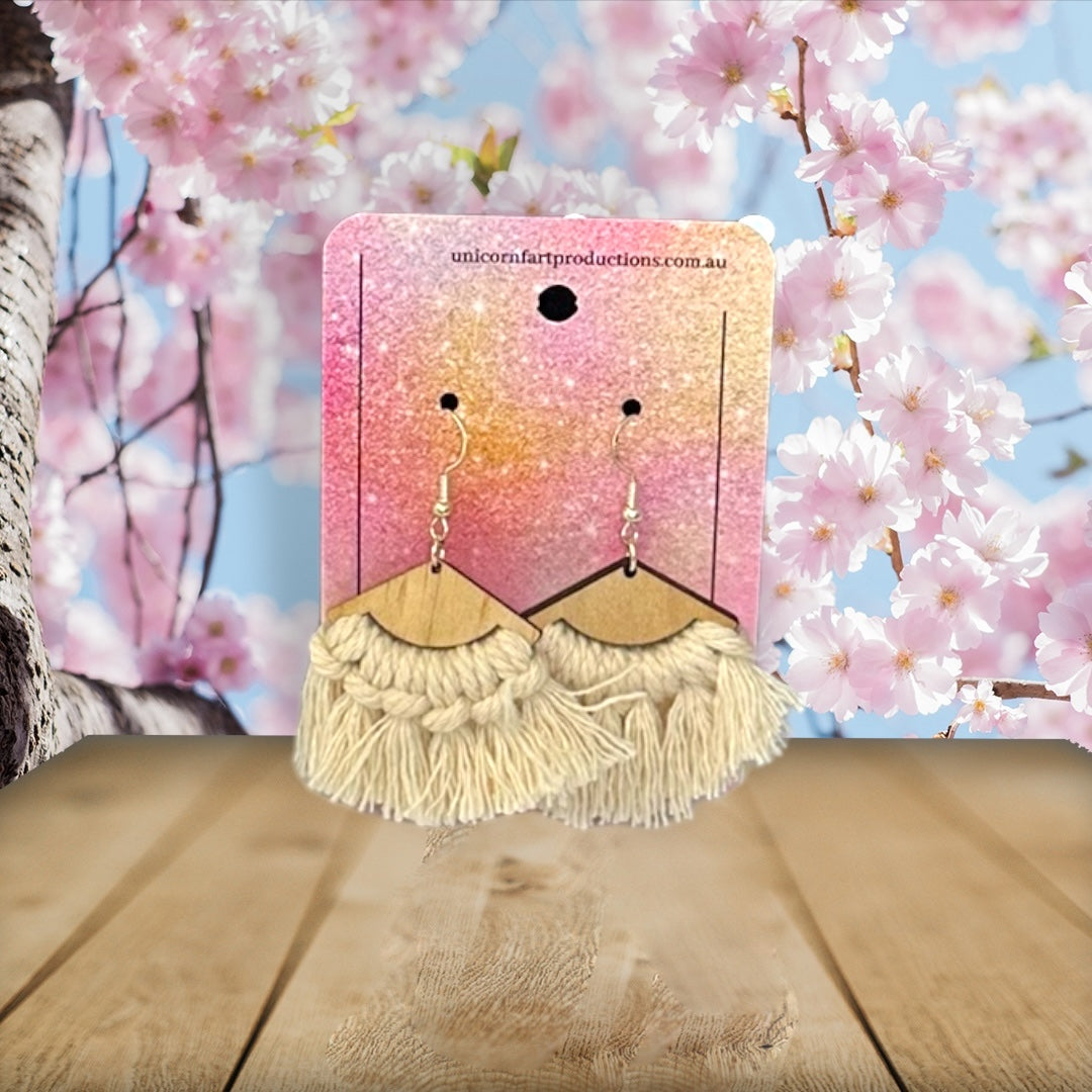 Handmade Wooden Macramé Earrings - White - Unicorn Fart Productions