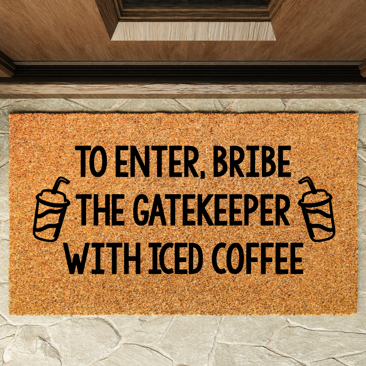 Bribe the Gatekeeper Iced Coffee Doormat - Unicorn Fart Productions