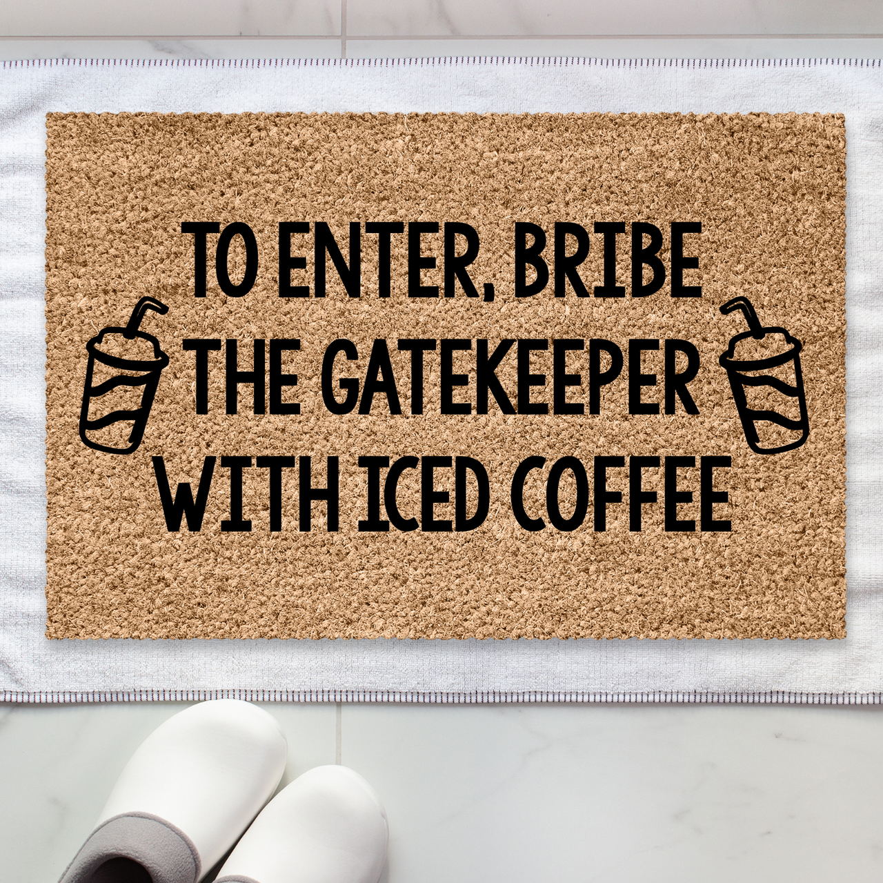 Bribe the Gatekeeper Iced Coffee Doormat - Unicorn Fart Productions