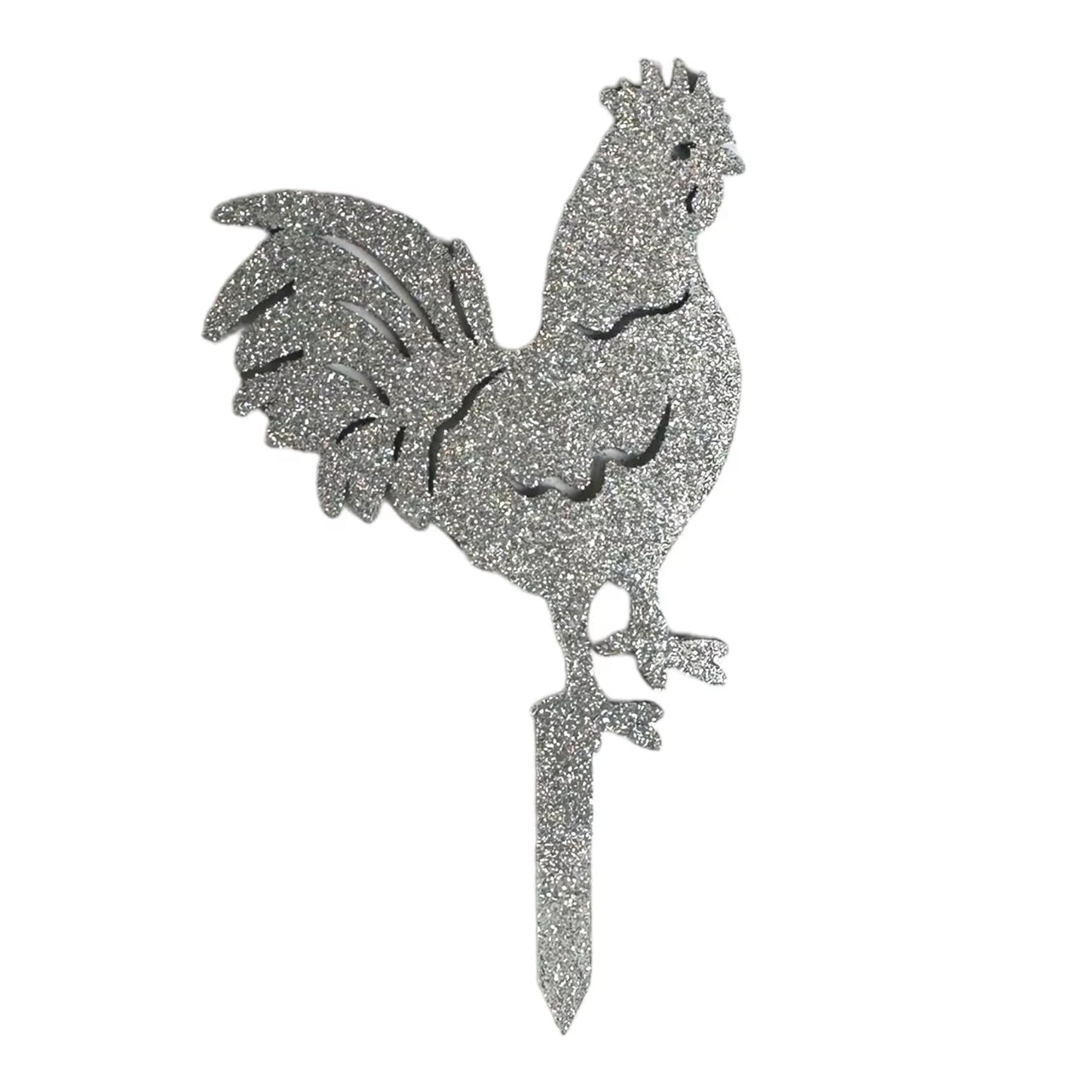 Handmade plant stakes with a difference -Sparkling Silver Rooster