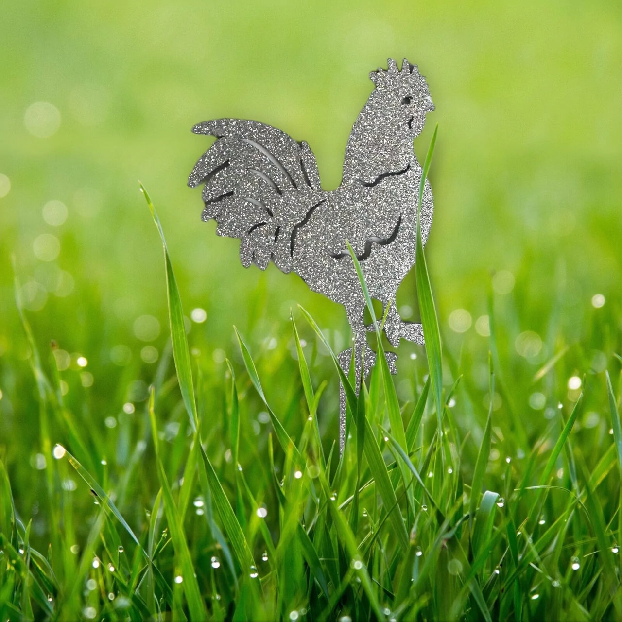 Handmade plant stakes with a difference -Sparkling Silver Rooster