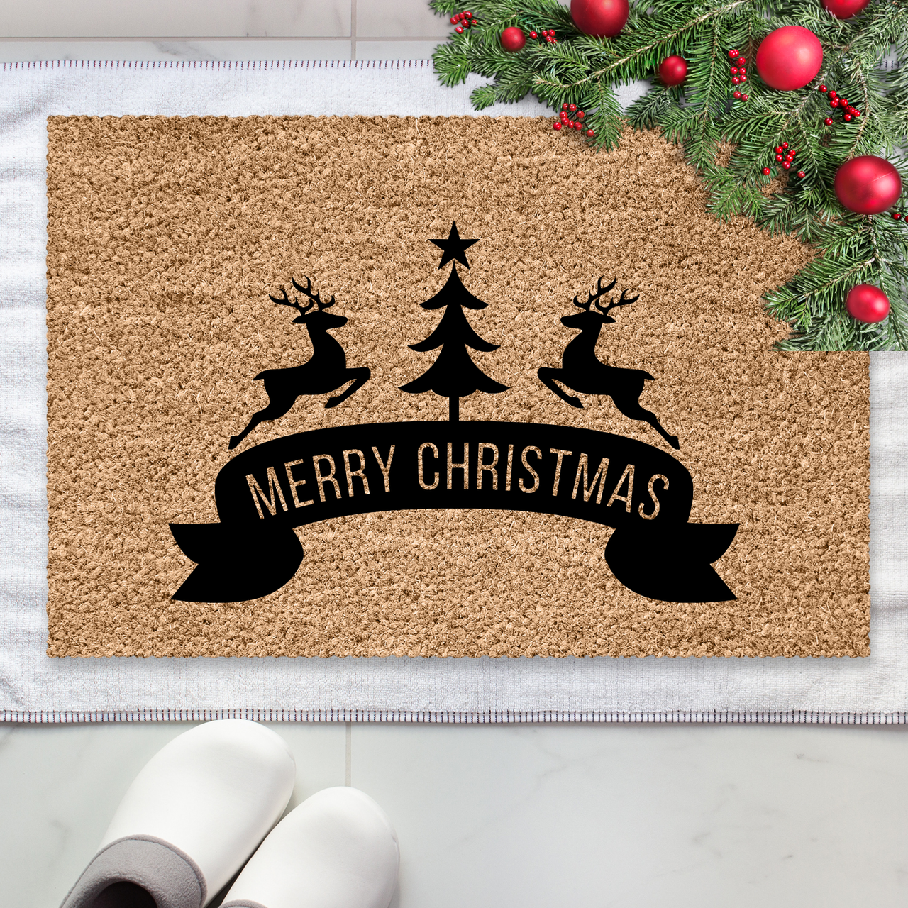 Merry Christmas Reindeer Large  Doormat - Unicorn Fart Productions