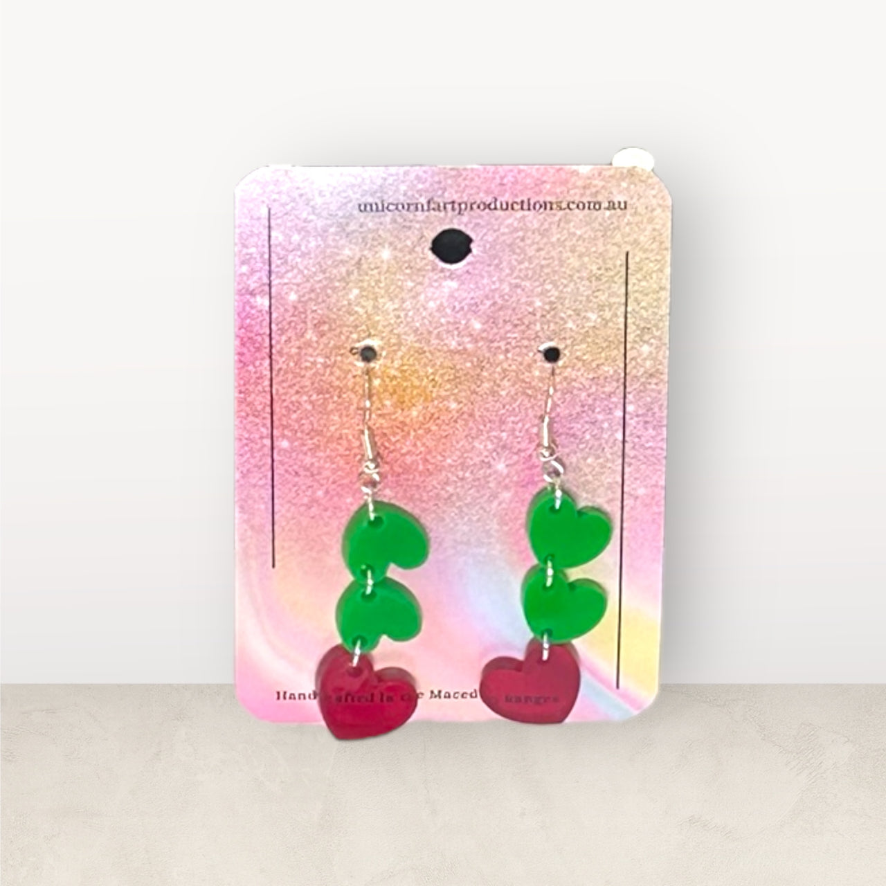 Acrylic handmade earrings  - Three Hearts Green/Red