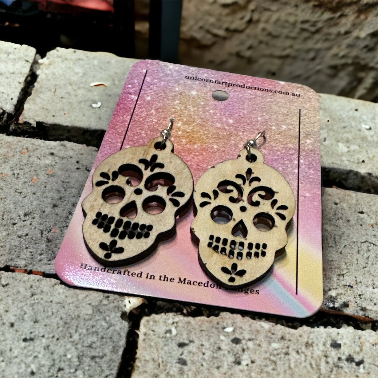 Wooden Handmade earrings crafted from sustainable timber - Skulls 2