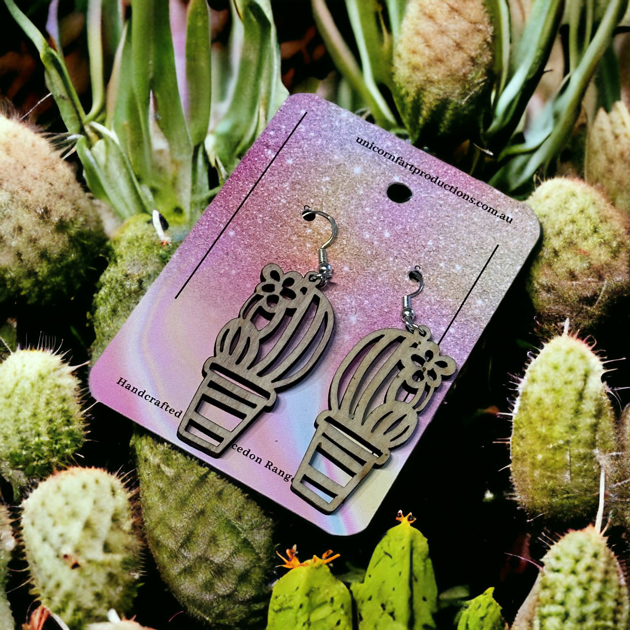 Wooden Handmade earrings crafted from sustainable timber - Cactus 2