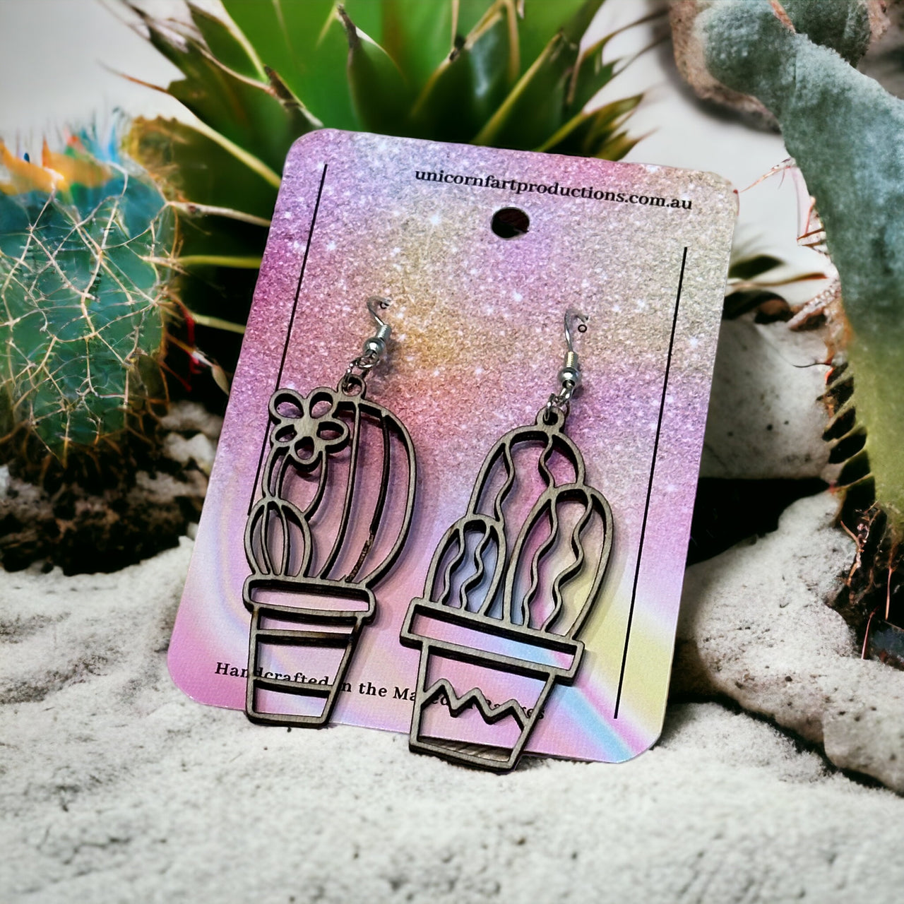Wooden Handmade earrings crafted from sustainable timber - Cactus 3