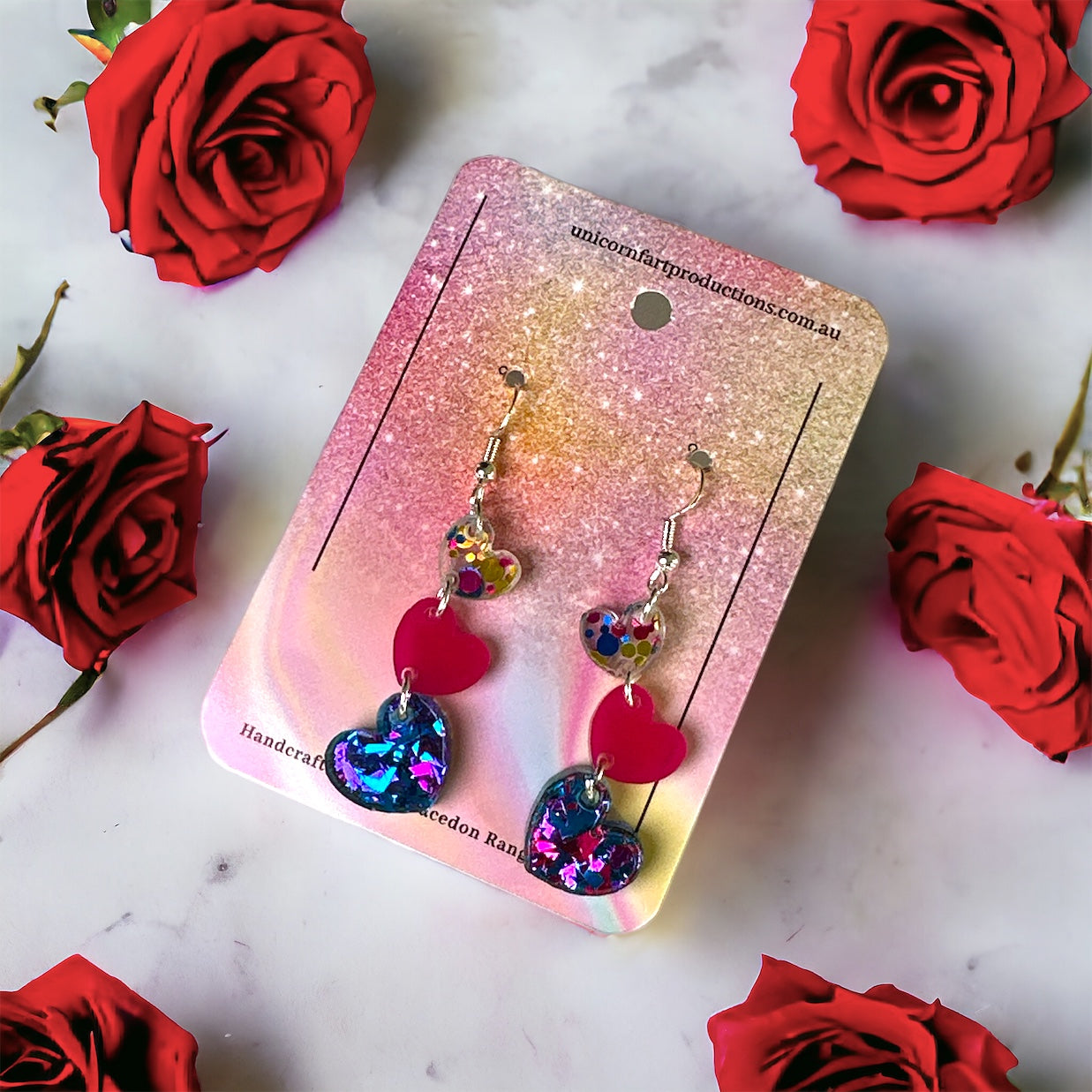 Acrylic handmade earrings  - Sparkle Glitter 3 Hearts