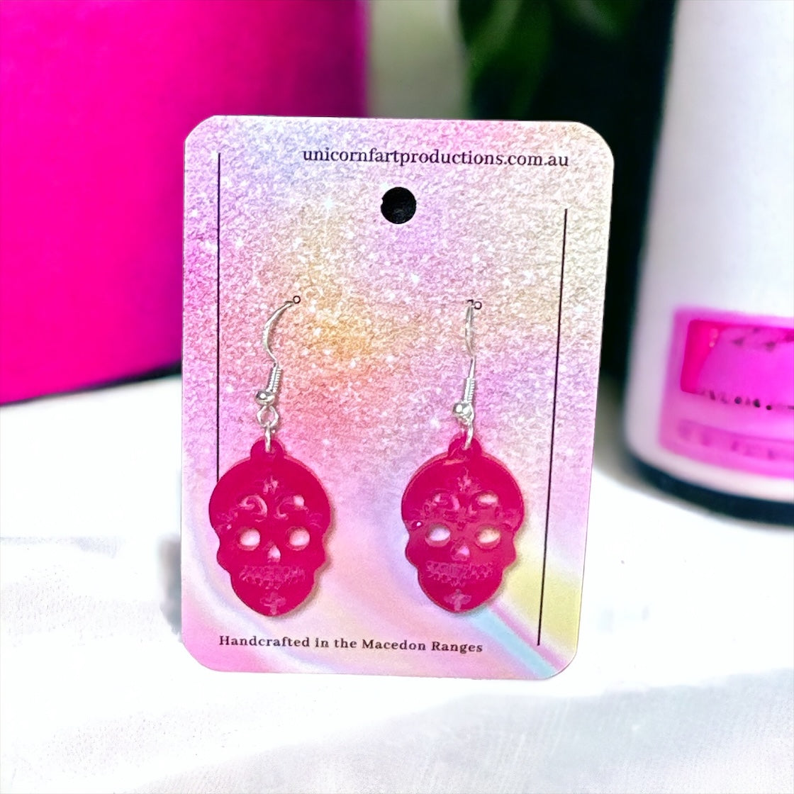 Acrylic handmade earrings  - Pink Skulls 2 - Unicorn Fart Productions