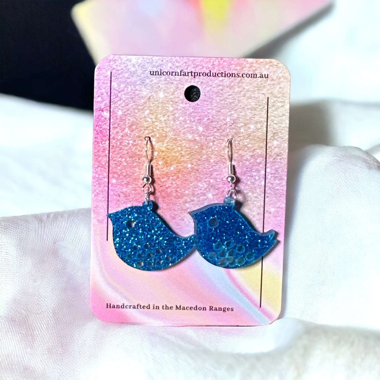 Acrylic handmade earrings  - Glitter Blue Birds - Unicorn Fart Productions