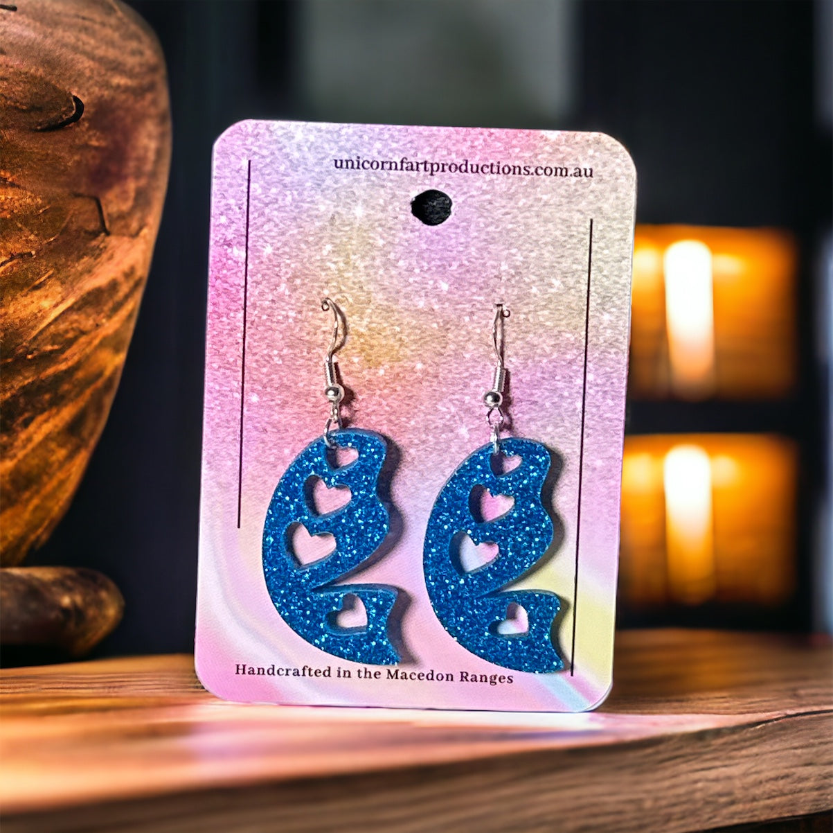 Acrylic handmade earrings  -  Blue Glitter Hearts