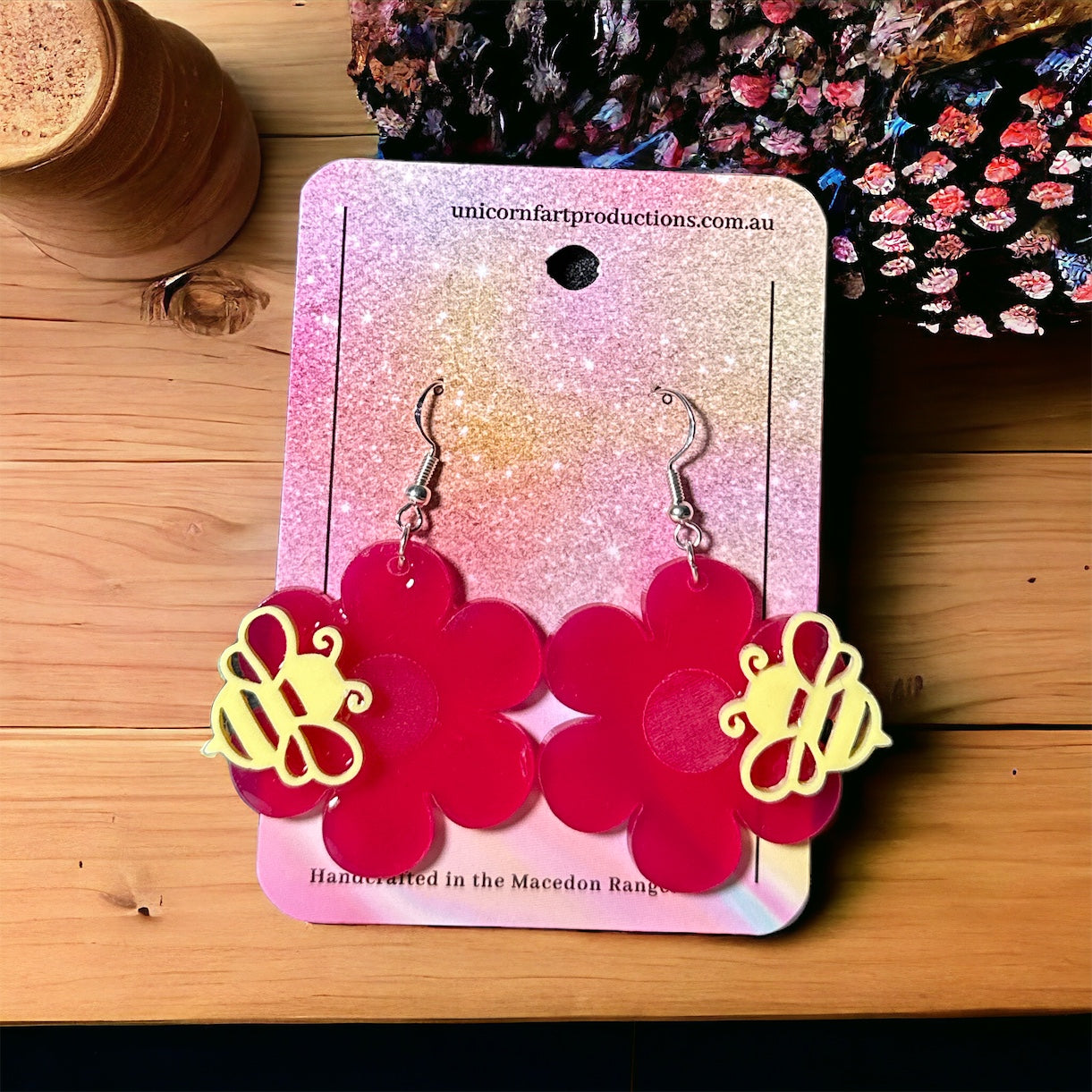 Acrylic handmade earrings  -  Pink Flower Bubble Bee