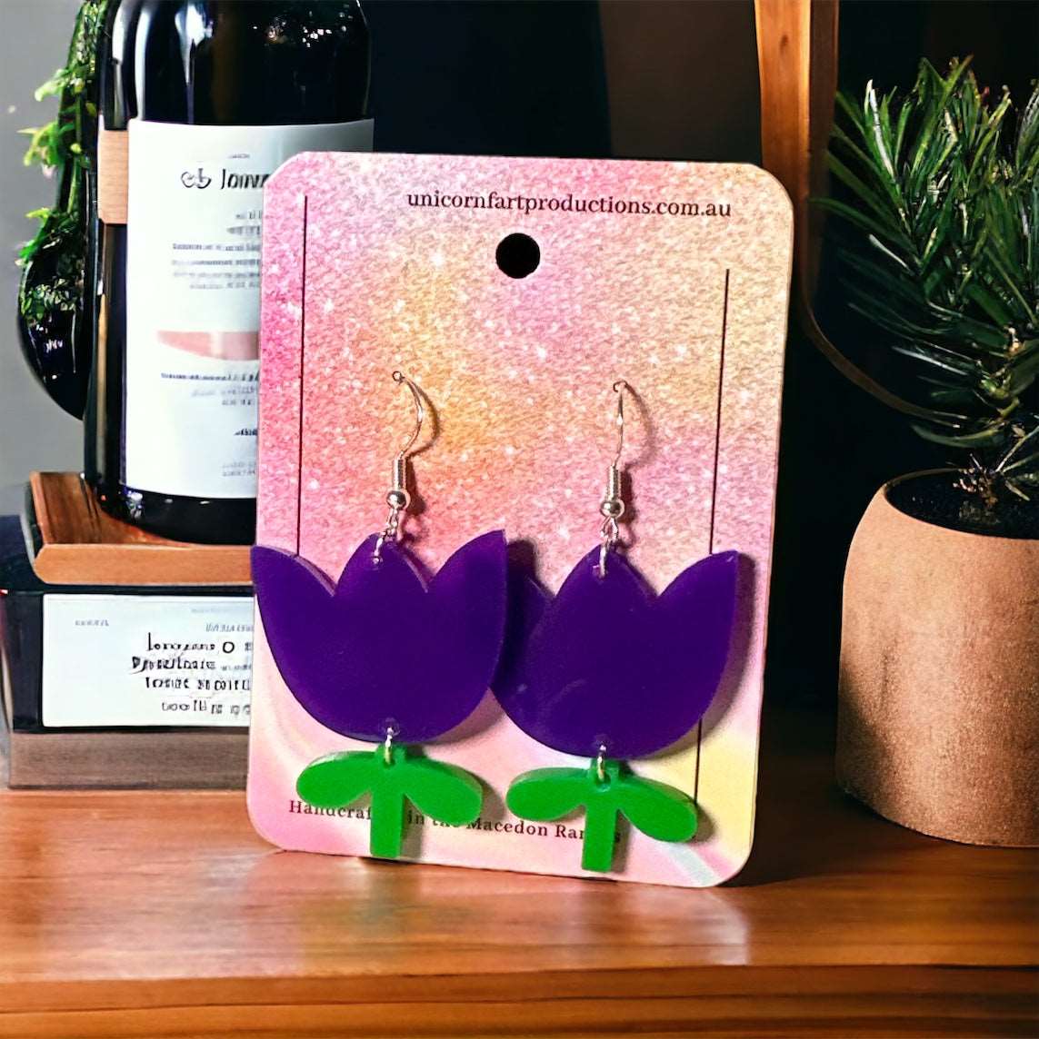 Acrylic handmade earrings  -  Purple Flower - Unicorn Fart Productions