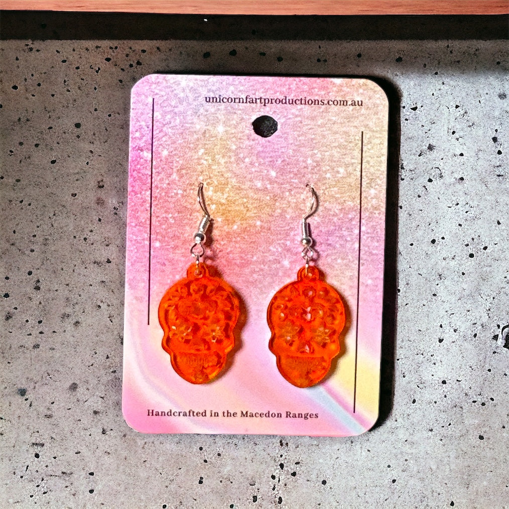Acrylic handmade earrings  -  Orange Skulls