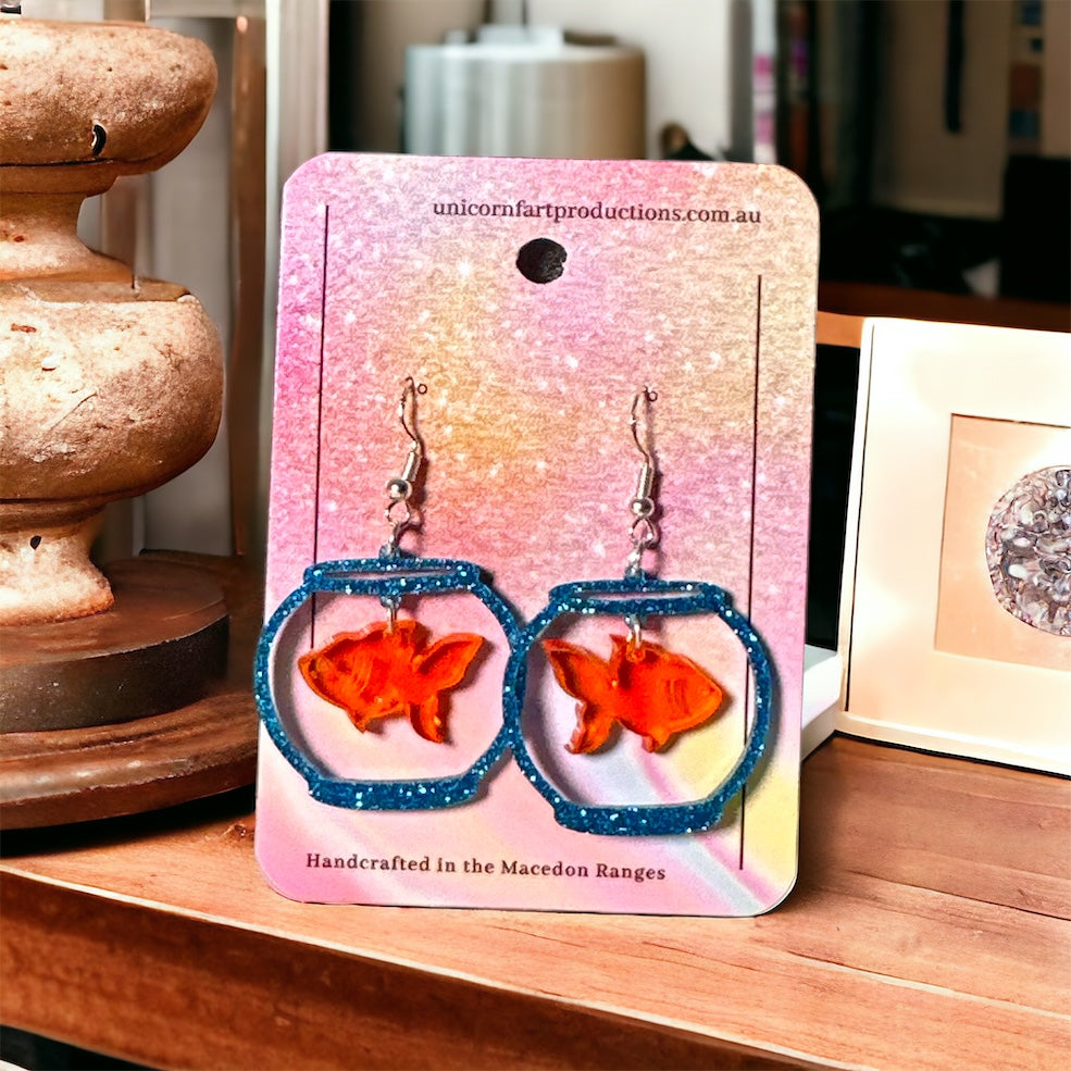 Acrylic handmade earrings  -  Fishbowl Blue Glitter