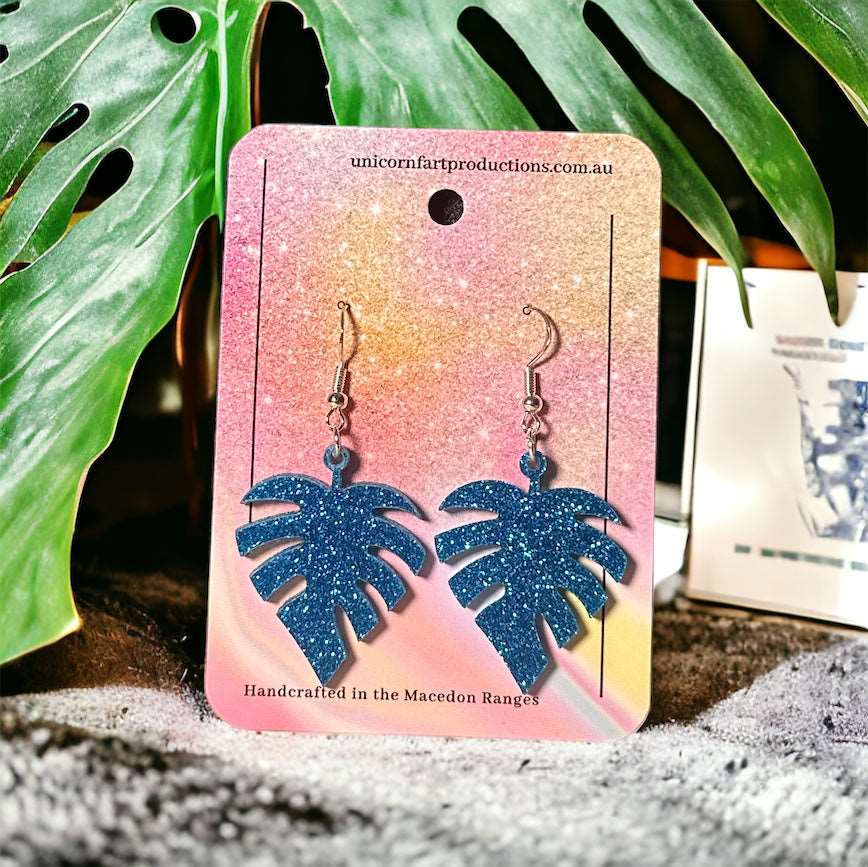 Acrylic handmade earrings  -  Fern Blue Glitter - Unicorn Fart Productions