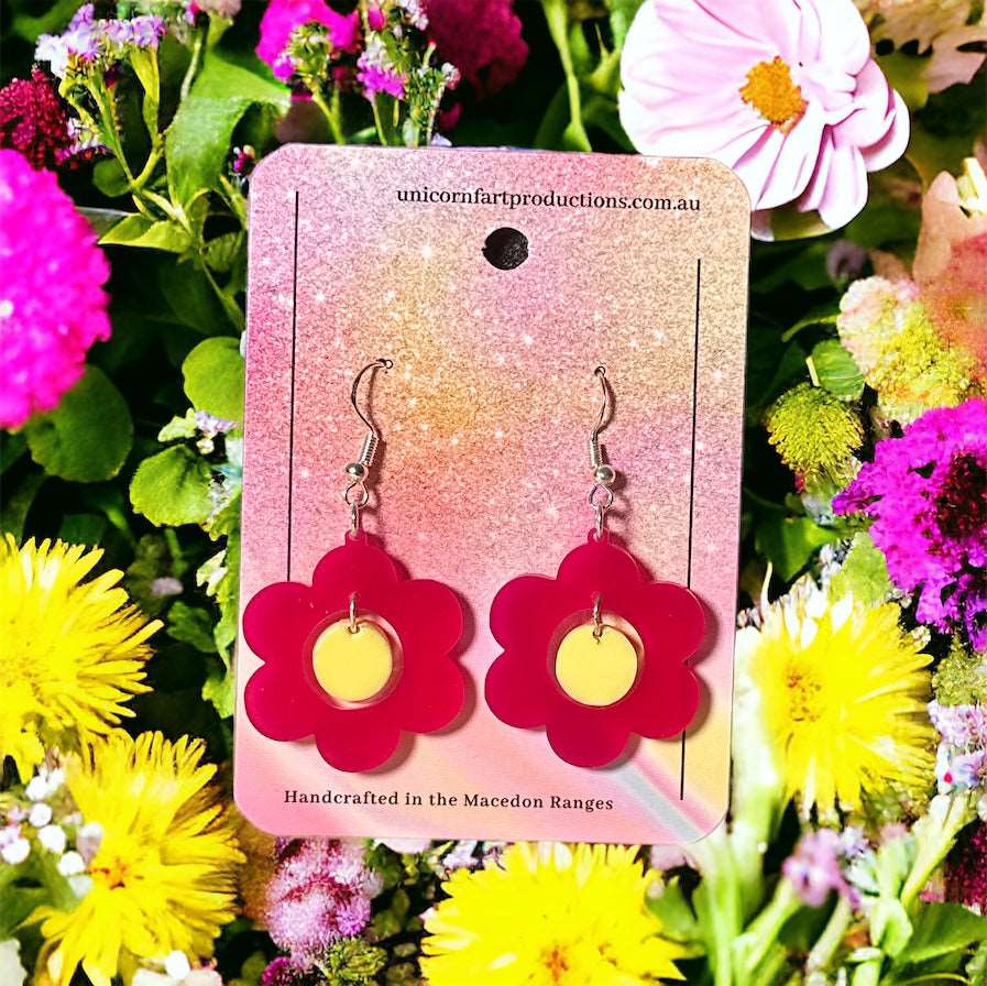 Acrylic handmade earrings  -  Pink Yellow Flower - Unicorn Fart Productions