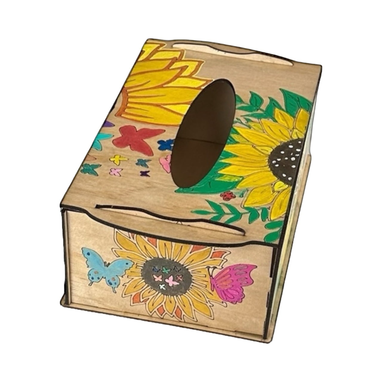 Wooden Tissue Holder - Butterflies & Sunflowers - Unicorn Fart Productions