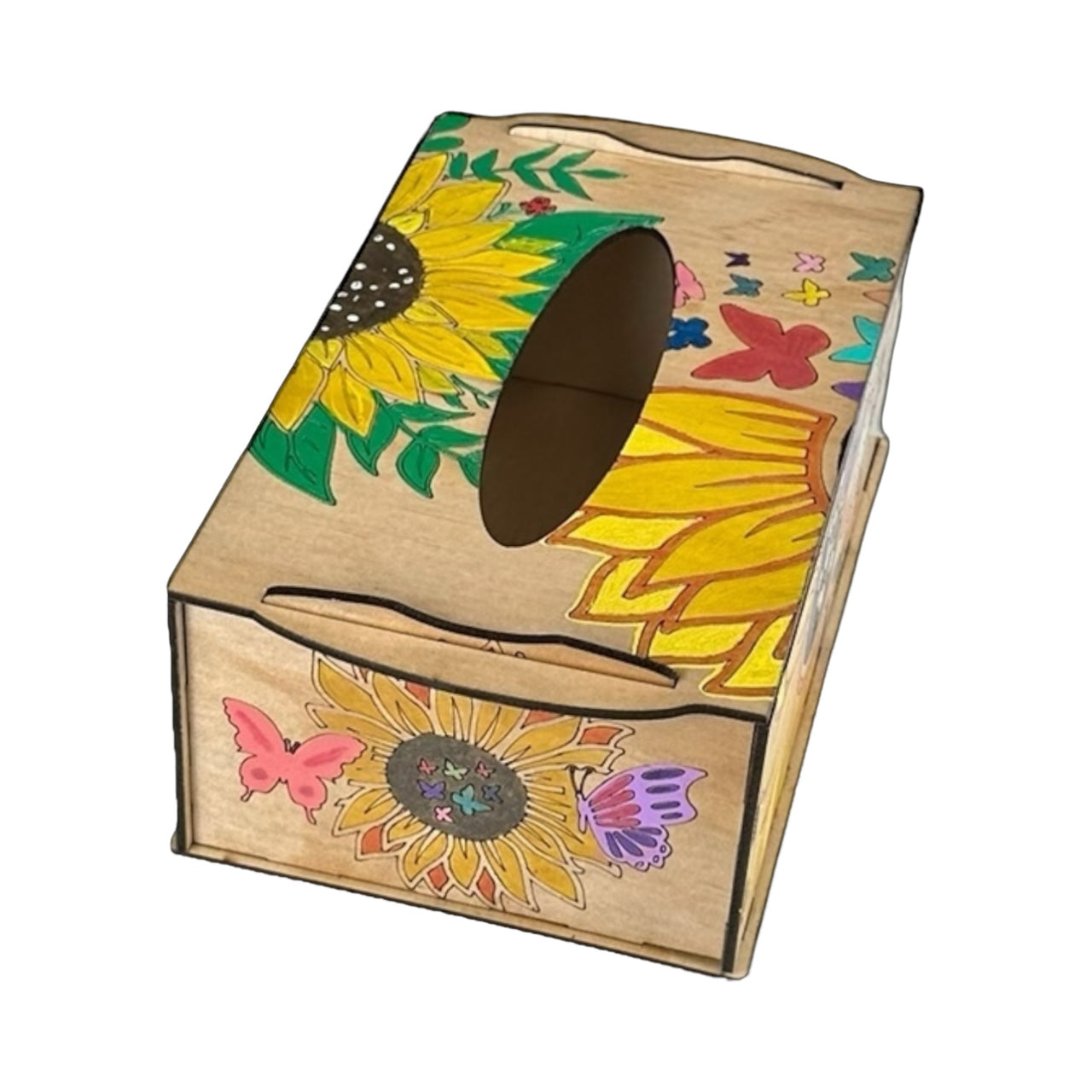 Wooden Tissue Holder - Butterflies & Sunflowers - Unicorn Fart Productions