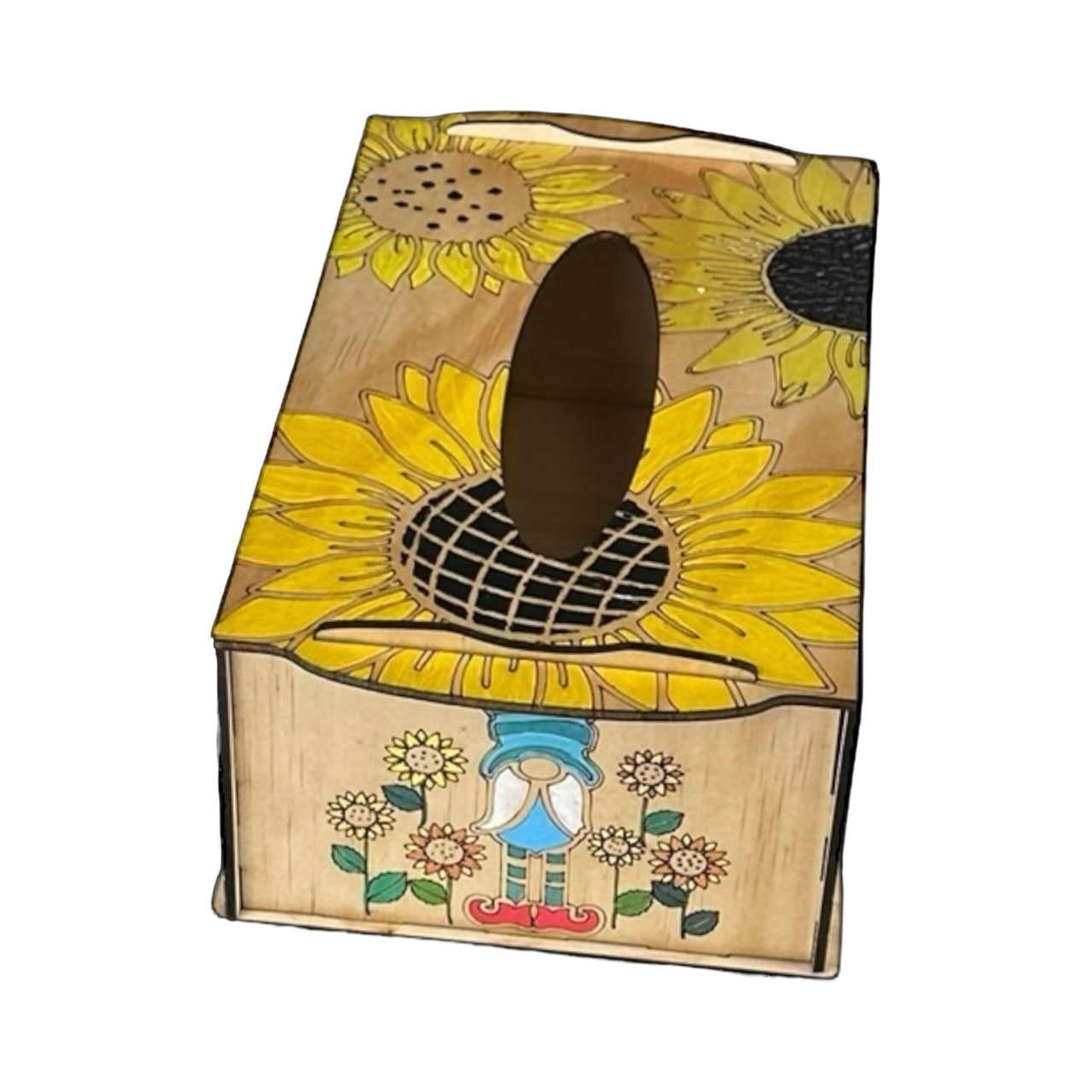 Wooden Tissue Holder - Gnomes & Sunflowers - Unicorn Fart Productions