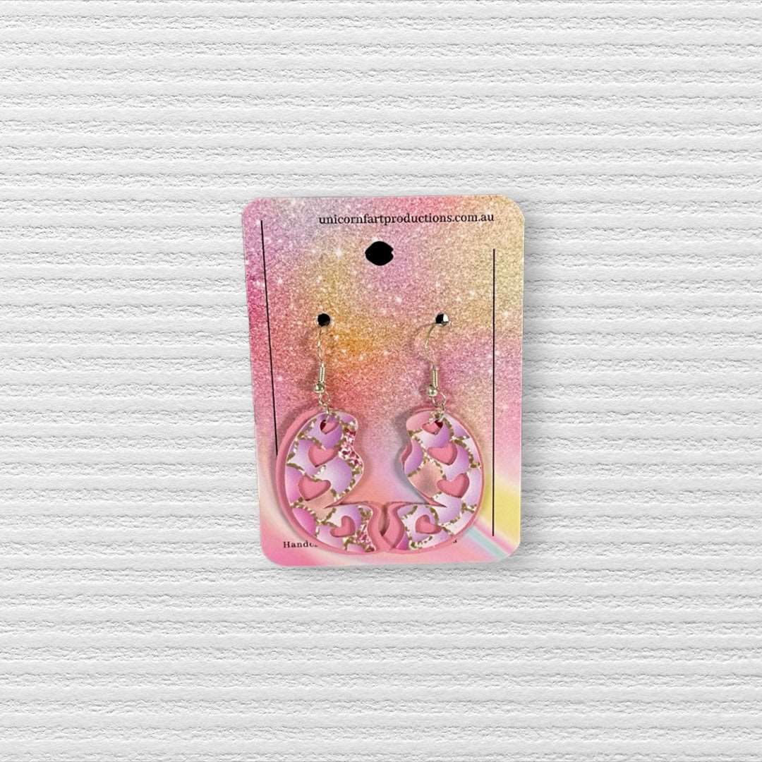 Handmade faux leather earrings - Pink pattern 2 piece hearts - Unicorn Fart Productions