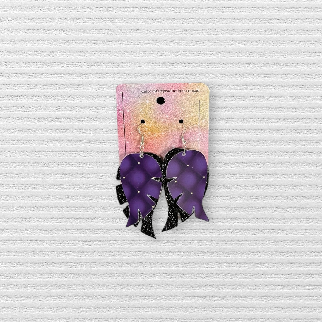Handmade faux leather earrings - Purple Black Sparkles Leaves