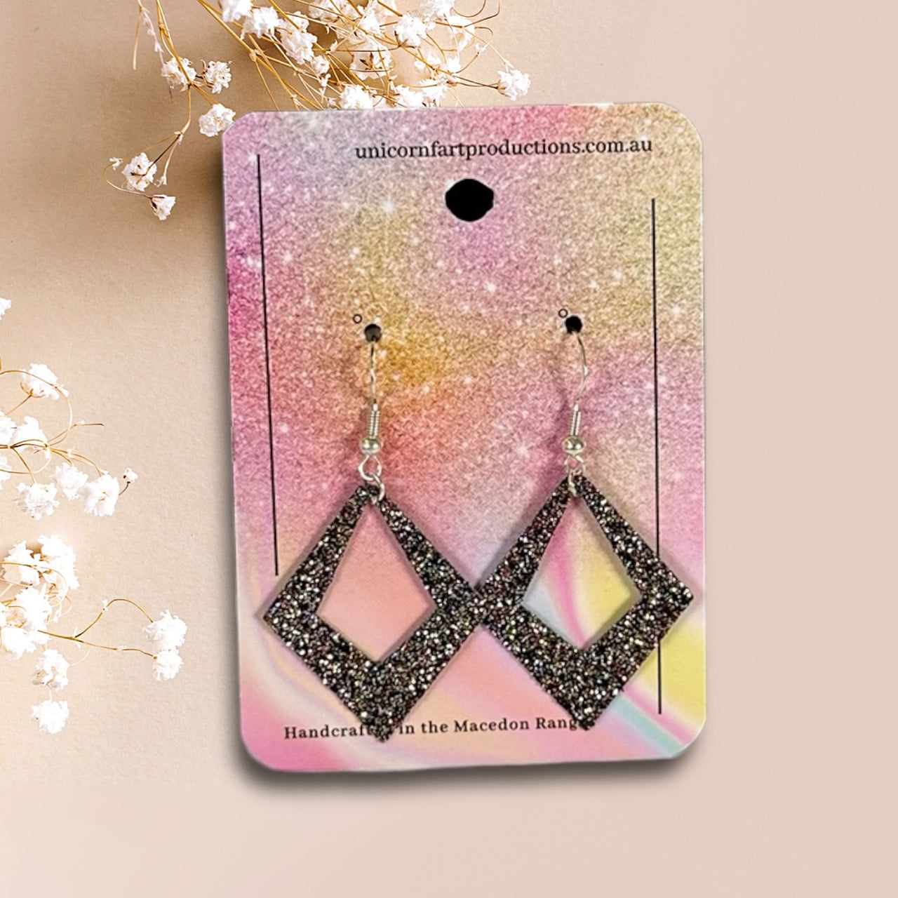 Handmade faux leather earrings - Black Sparkle Diamonds