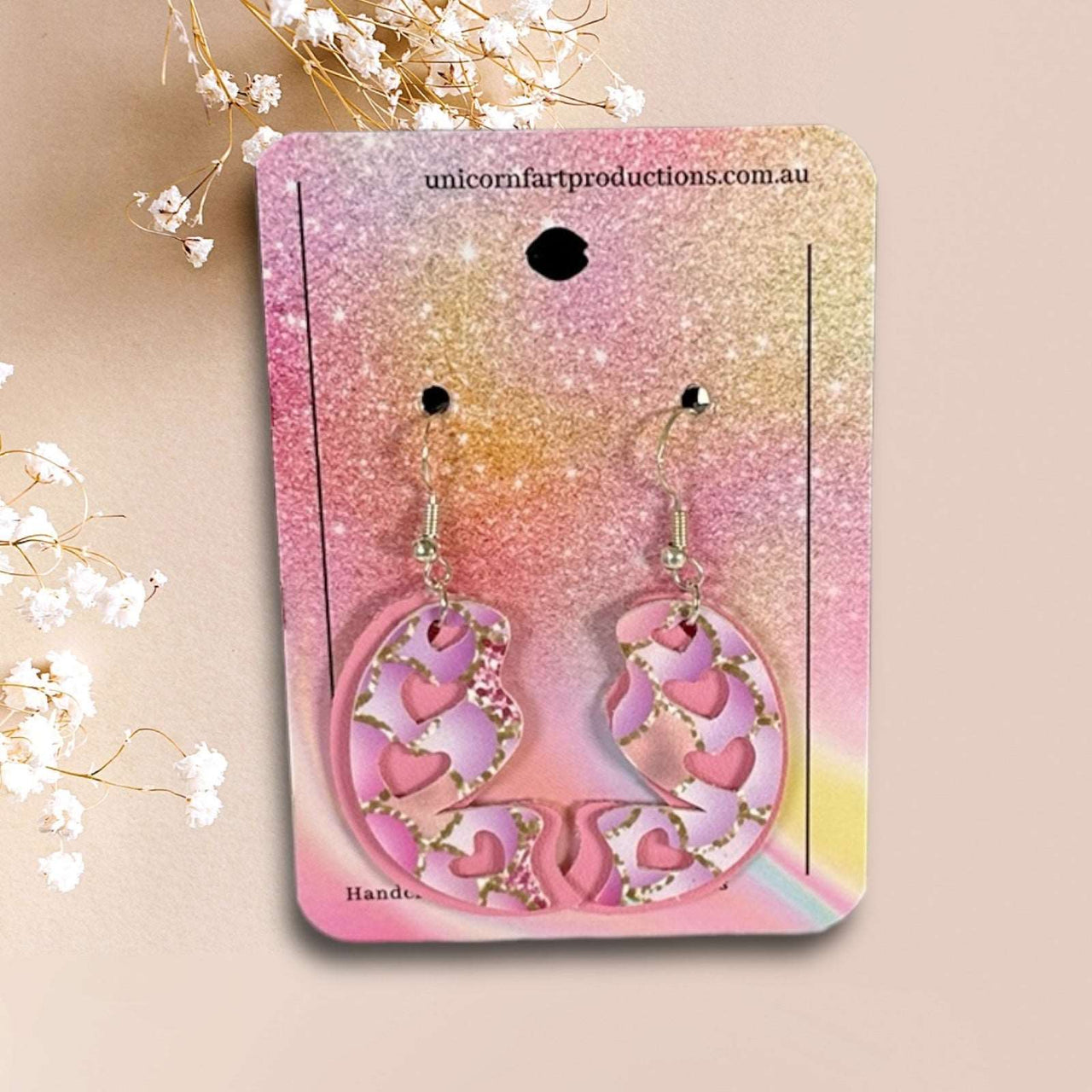 Handmade faux leather earrings - Pink pattern 2 piece hearts - Unicorn Fart Productions