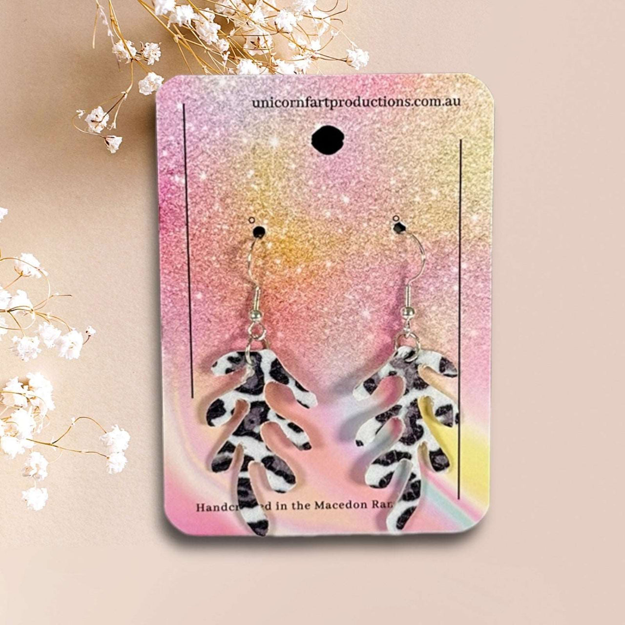 Handmade faux leather earrings - Cow Print Leaves - Unicorn Fart Productions