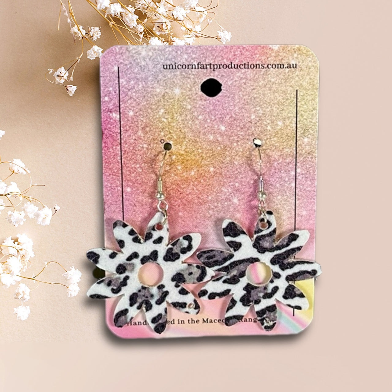 Handmade faux leather earrings - Cow Print Flowers