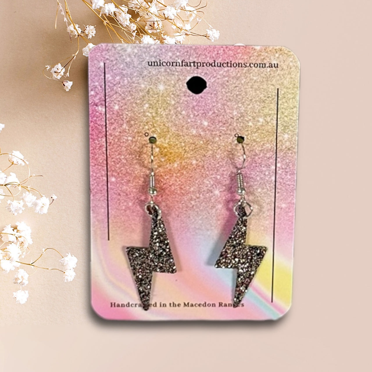 Handmade faux leather earrings - Black Sparkle lightning Bolts