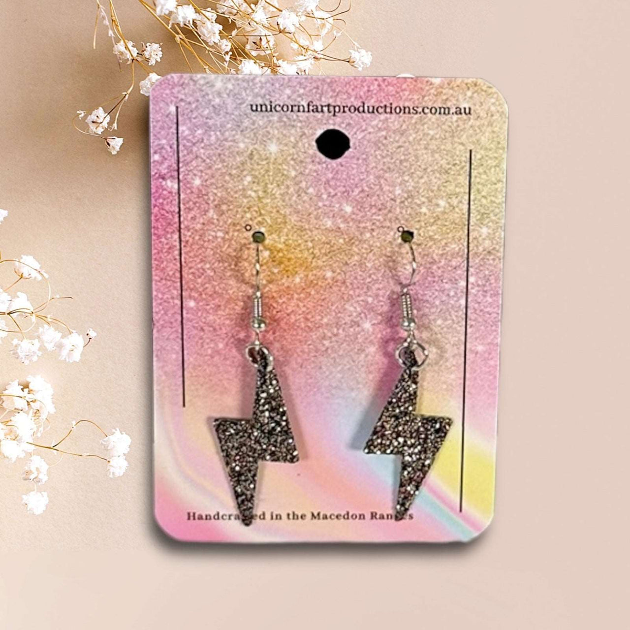 Handmade faux leather earrings - Black Sparkle lightning Bolts - Unicorn Fart Productions