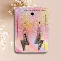 Thumbnail for Handmade faux leather earrings - Black Sparkle lightning Bolts - Unicorn Fart Productions