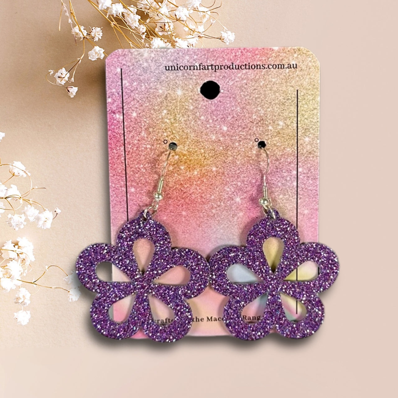 Handmade faux leather earrings - Purple Sparkles Flower