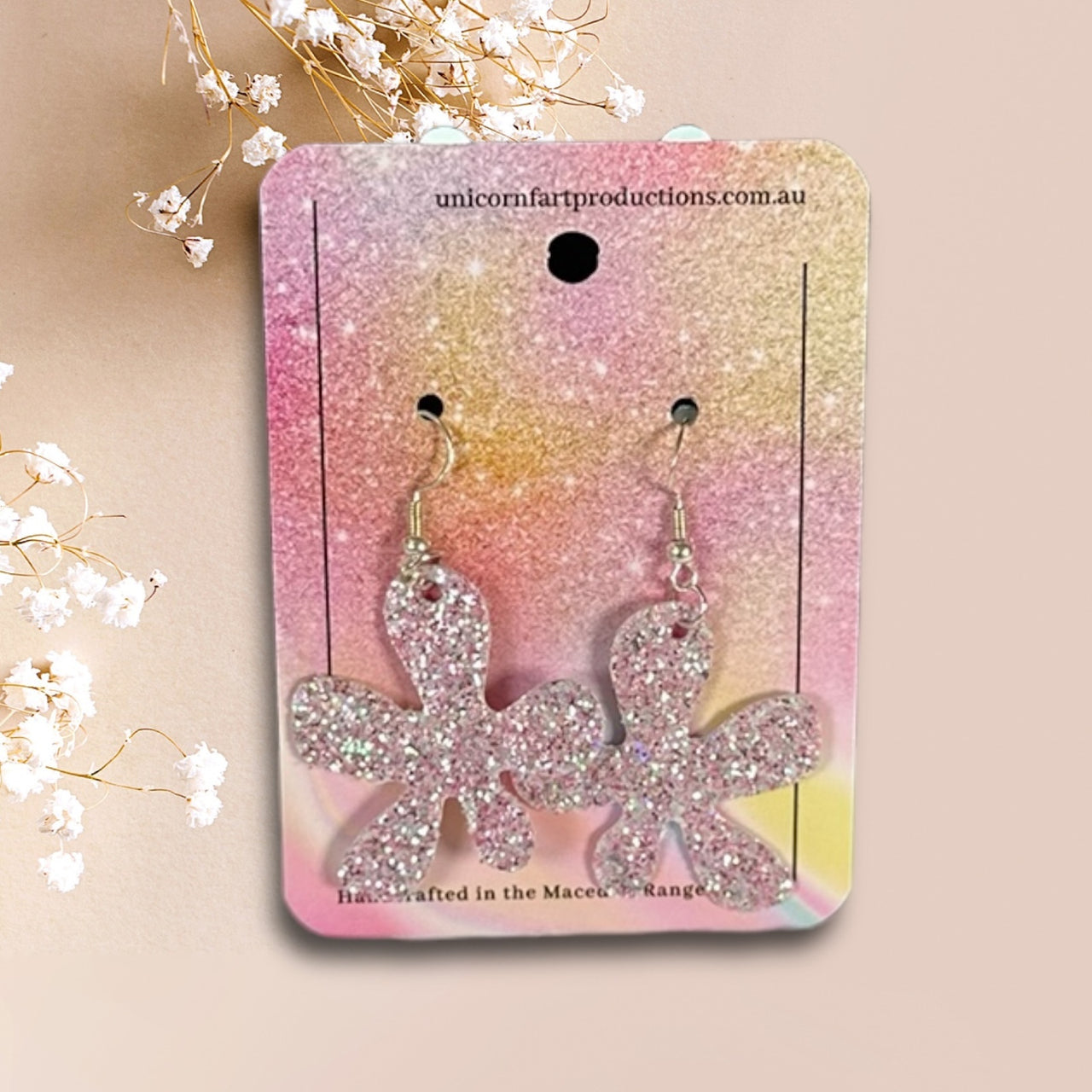 Handmade faux leather earrings - White Sparkle Blobs
