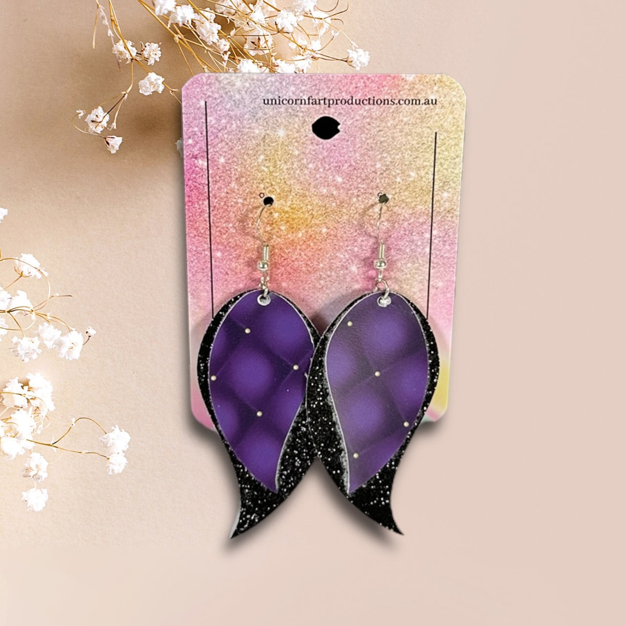 Handmade faux leather earrings - Black Sparkles 2 Leaves