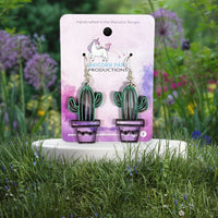 Thumbnail for Handmade Wooden Earrings - Happy Cactus - Unicorn Fart Productions