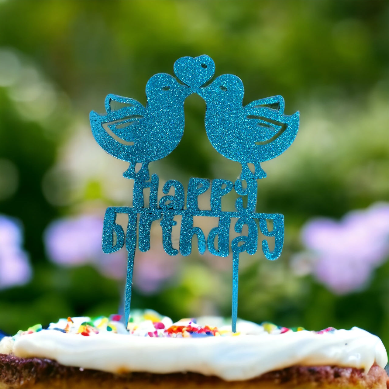 Birthday Cake Topper - Happy Birthday Birds - Blue Glitter