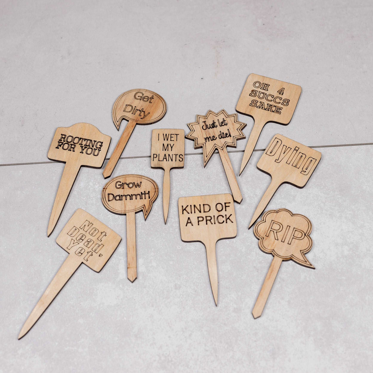 Funny Plant Stakes - Made from Sustainable Timber - 10 Pack - Unicorn Fart Productions