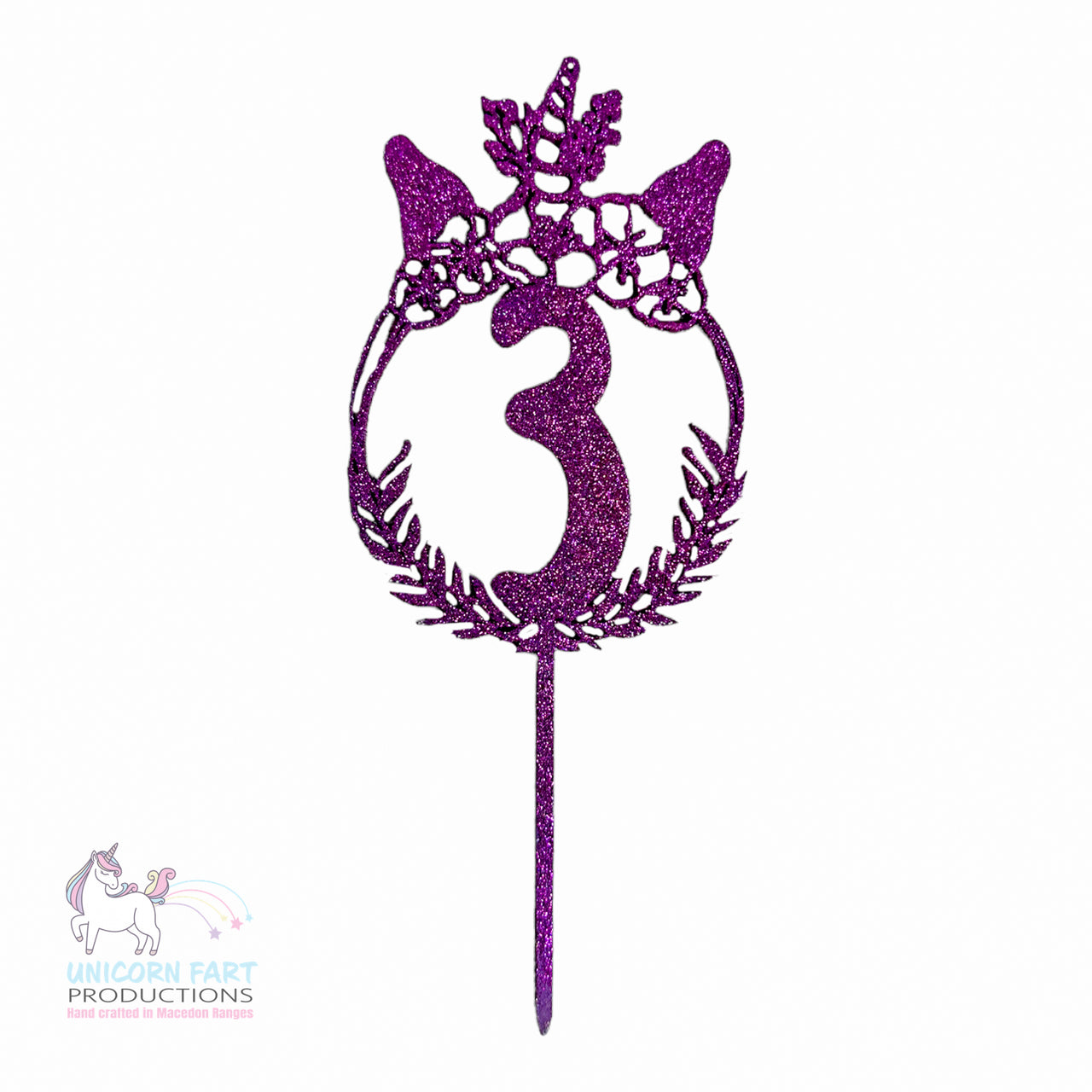 Birthday Cake Topper - Unicorn  Purple Glitter - Three - 3