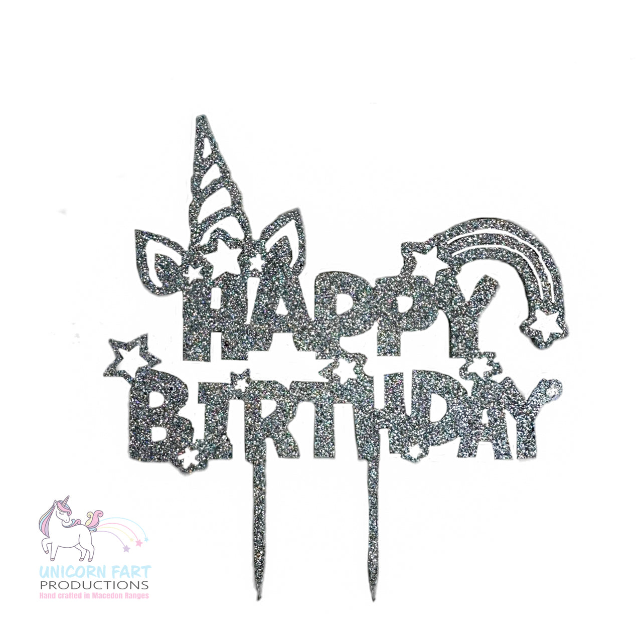 Birthday Cake Topper - Silver Glitter - Happy Birthday Unicorn