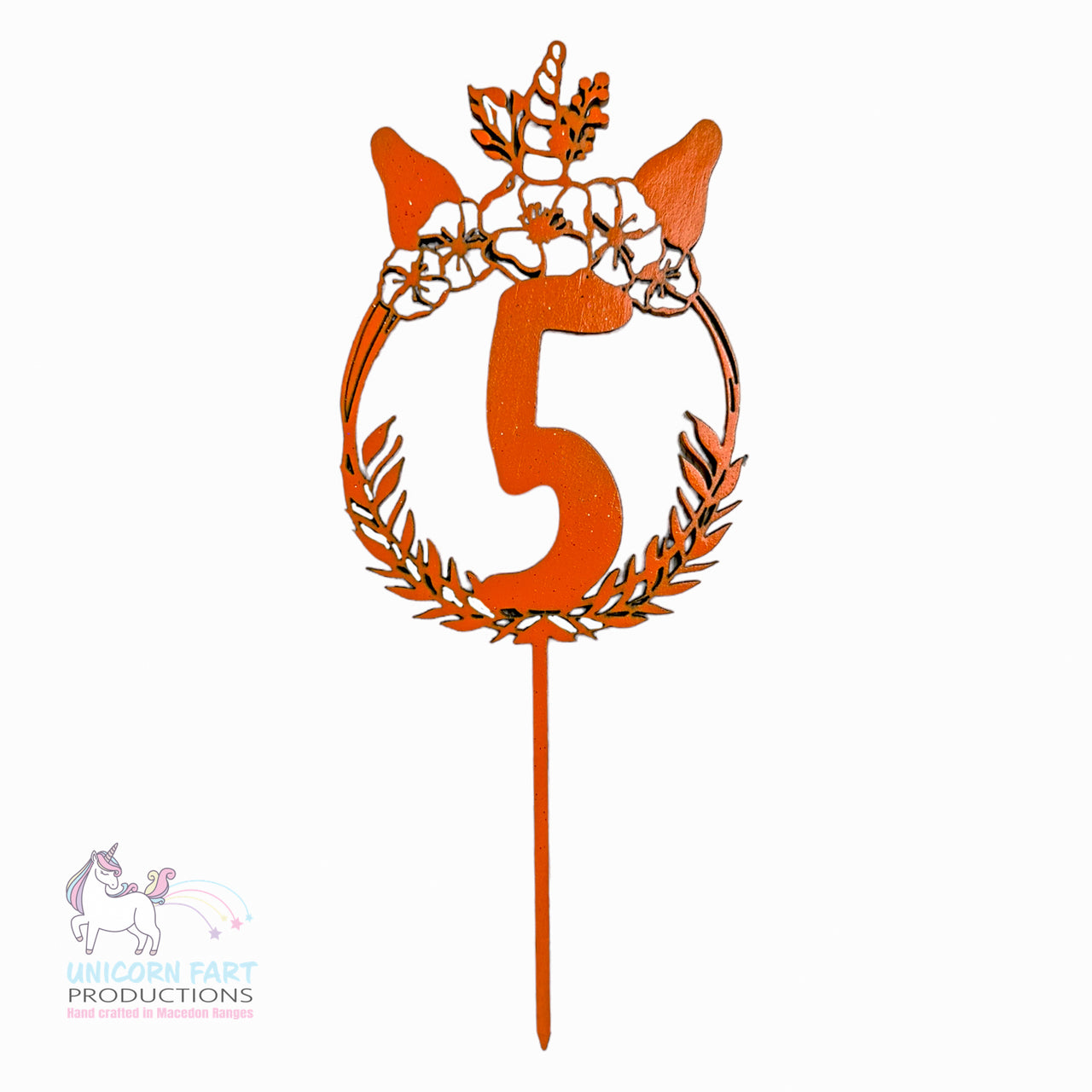 Birthday Cake Topper - Orange Unicorn - Five - 5