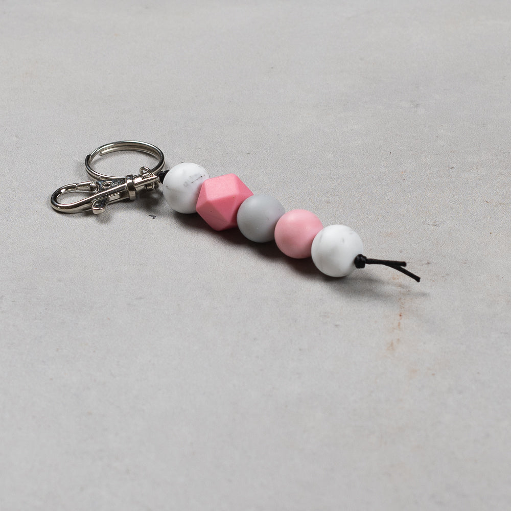 Hand Crafted silicone key chain with clip - White Marble